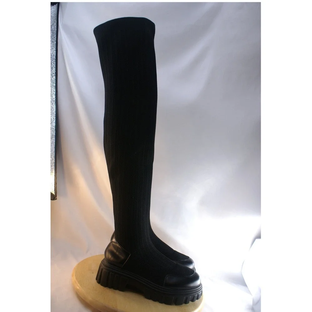 Cincoo Womens Black Ribbed Knit Over The Knee Lug Sole Platform Boots Size 6.5